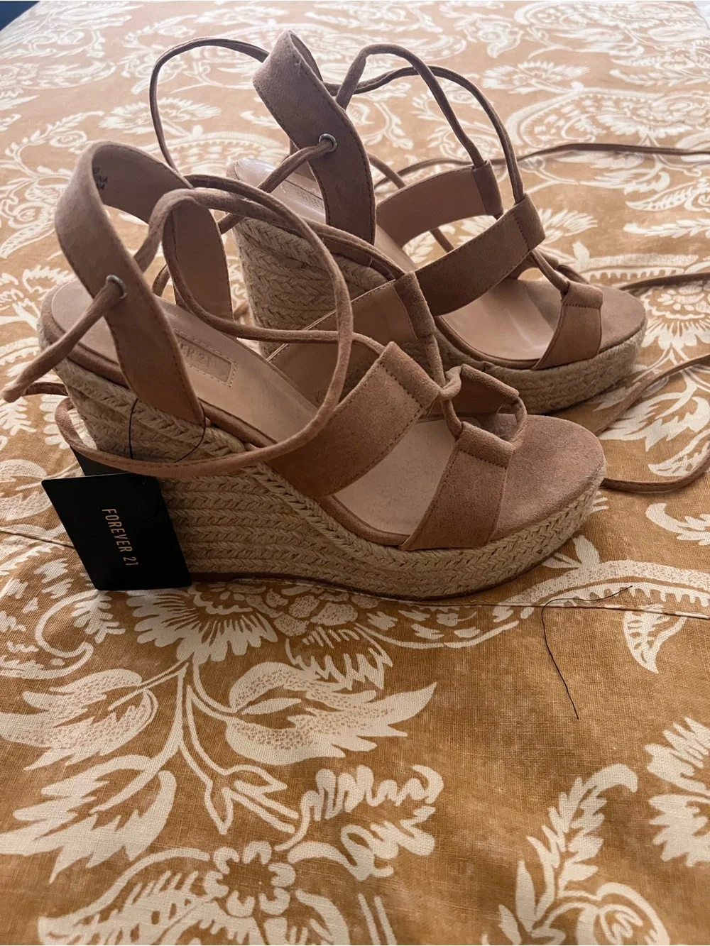 Forever 21 Tan Suede Lace-Up Espadrille Wedge Sandals